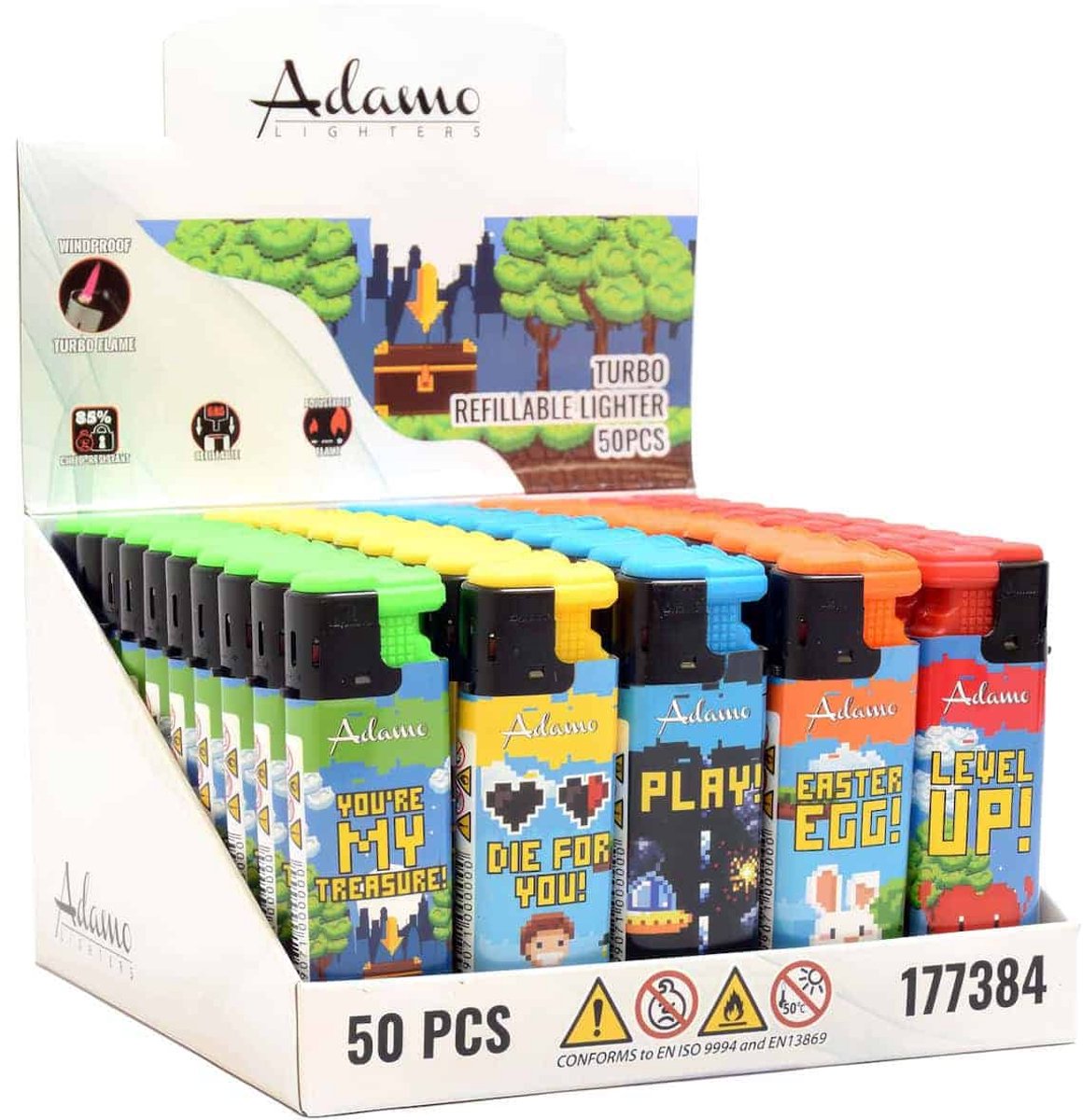 Adamo Elektronische Turbo Aanstekers "Pixels" - Display 50 stuks
