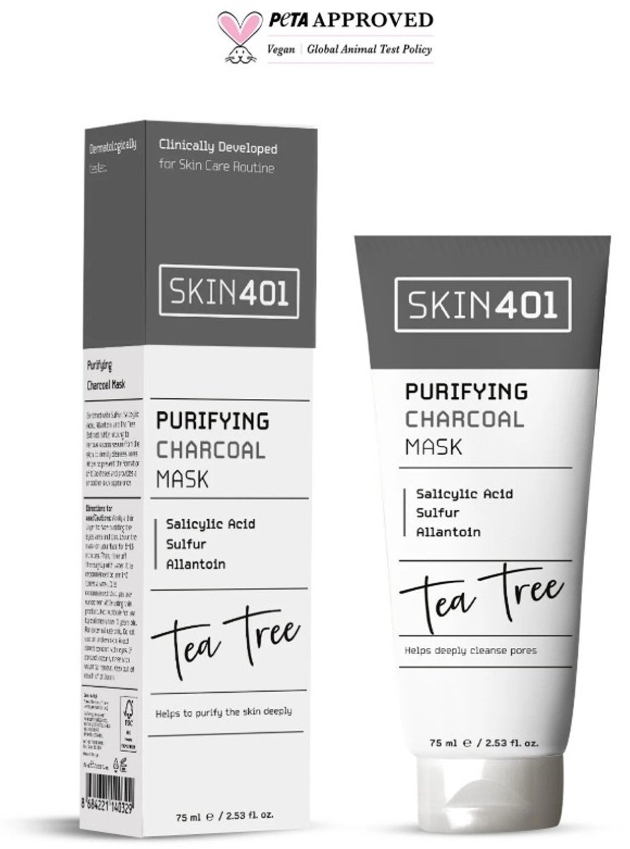 Skin401 Salicylzuur Gezichtsmasker – Zuiverend Kleimasker met Zwavel & Houtskool | Voor Schone Poriën & Mee-eters | Vegan | 75 ml