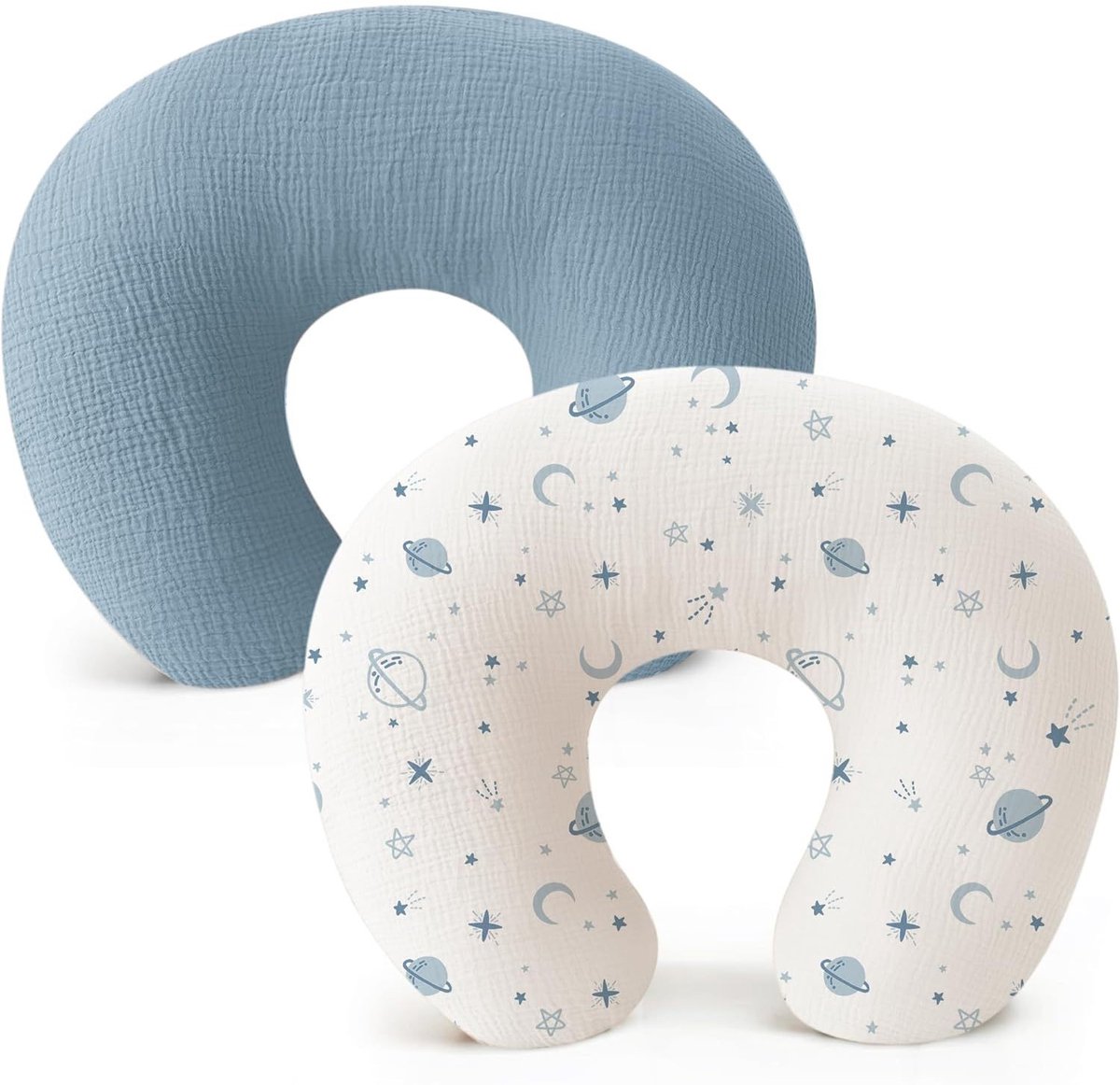 2 hoezen voor voedingskussens，U‑vormige kussenhoes van zacht gerimpeld katoen gaas, afneembaar en wasbaar, past voor kussen 58 x 45 cm, alleen hoes, kussenvulling niet inbegrepen，Blauw + planeten (Mousseline kussensloop)