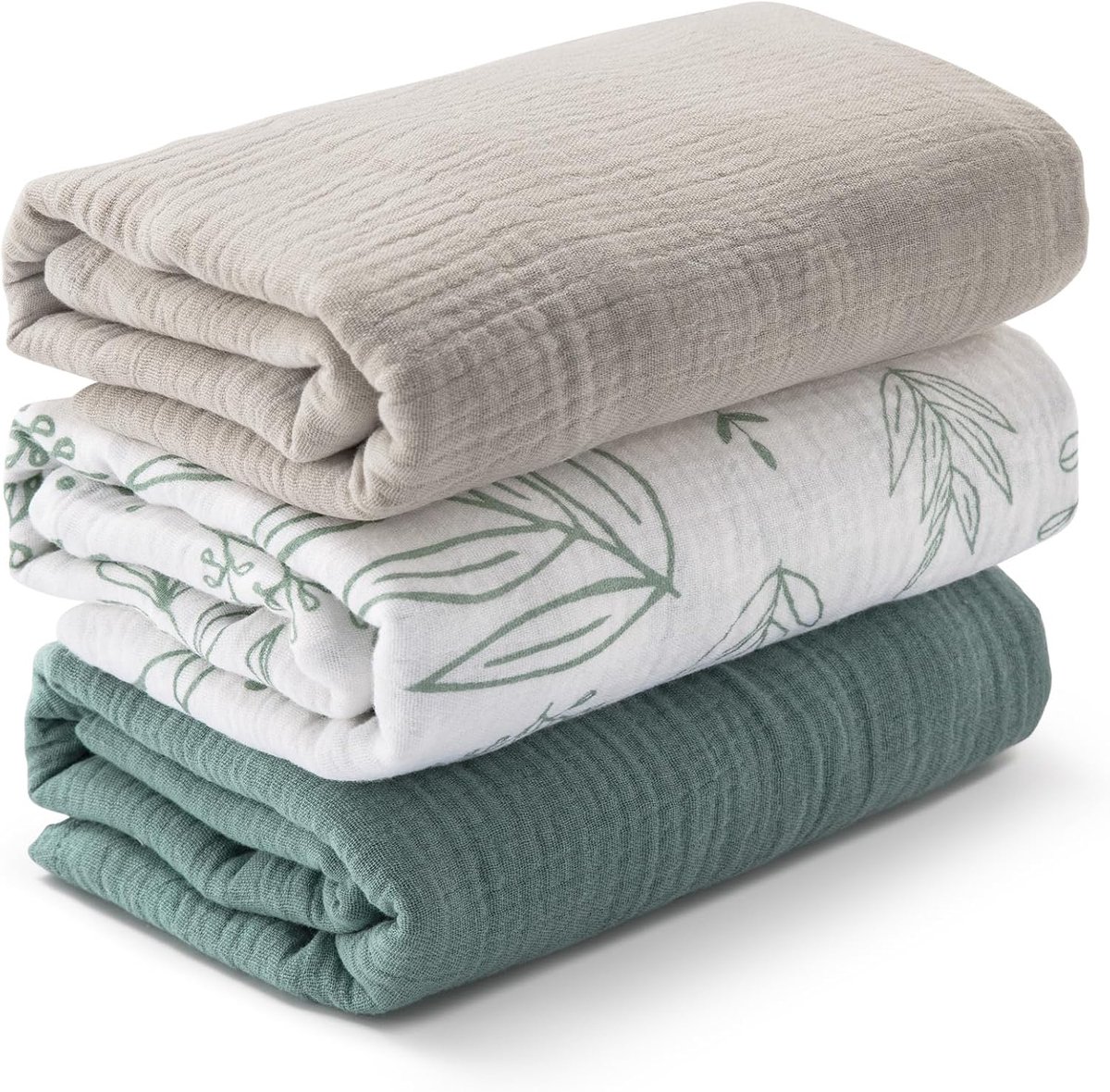 Gerimpeld katoen‑gaas baby wikkeldeken, set van 3 stuks, 100×100 cm,wasbare baby deken，Set van 3 multifunctionele baby dekens, ademend gerimpeld gaas‑katoen, wikkeldoek voor pasgeboren baby（Romige abrikozen + bladeren + groen）