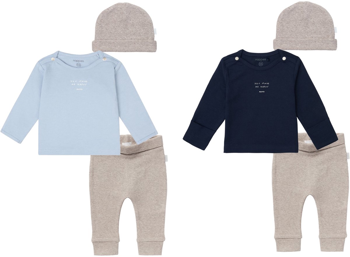 Noppies - Tweeling Jongens kledingset - 6delig - Broek Naura taupe - Shirt Neisse lichtblauw - Donkerblauw - Muts Nevel taupe - Maat 62