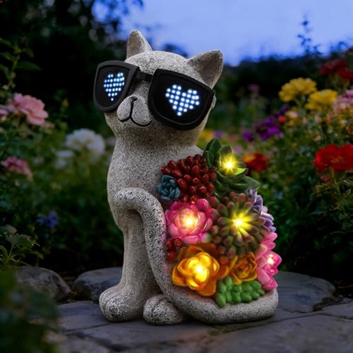 Namajunas - Poezen tuinbeeld met 7 ledlampjes - Tuinverlichting - Tuinbeelden - Tuin decoratie voor buiten - Solar lamp voor terras gazon achtertuin porch ornamenten, tuinornament - Cadeaus - Waterdicht