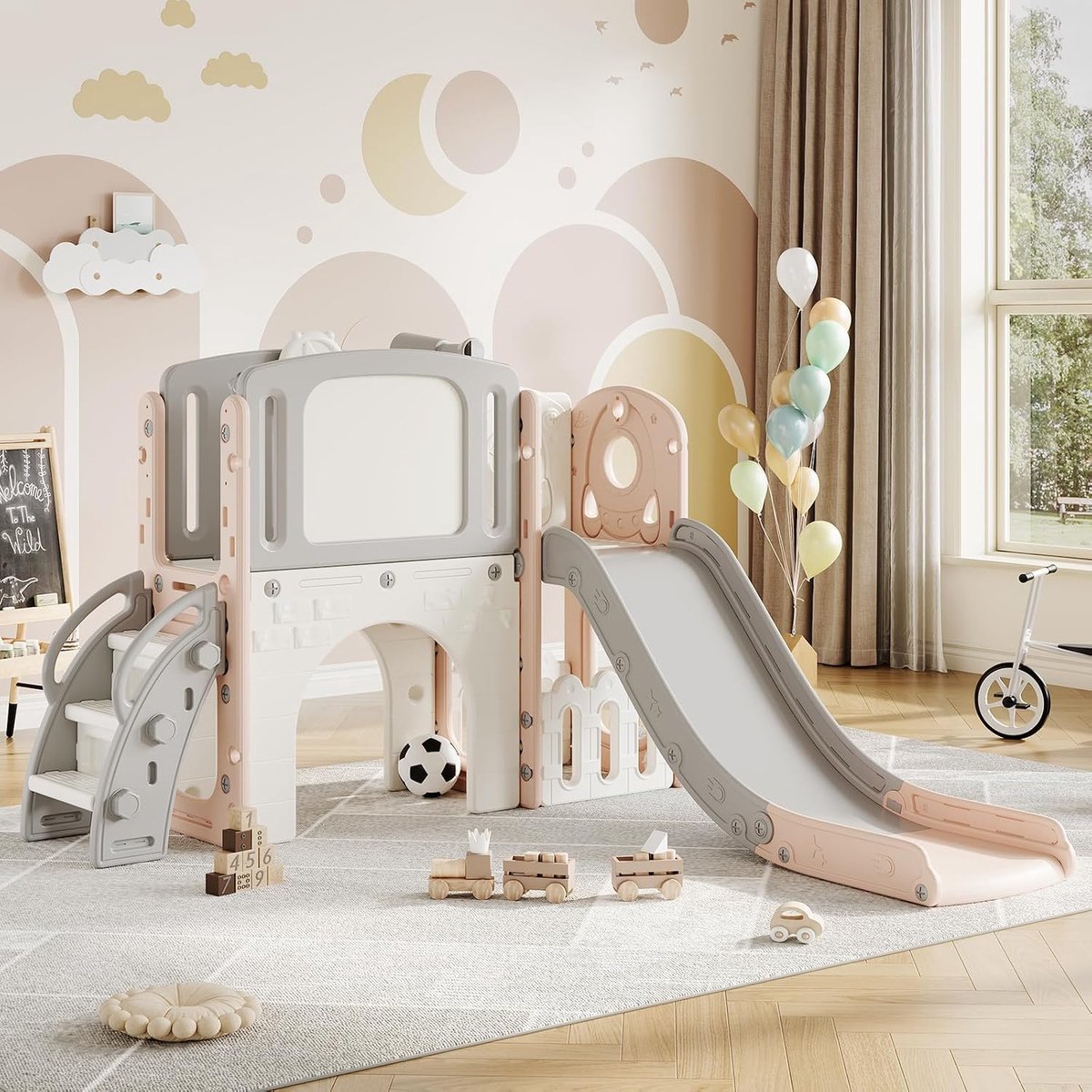 Triumpunpre - Kinder speeltoestel 8 in 1 met klimrek basketbalring telescoop tunnel en opbergruimte voor achtertuin en binnenplaats plezier - Lichtroze