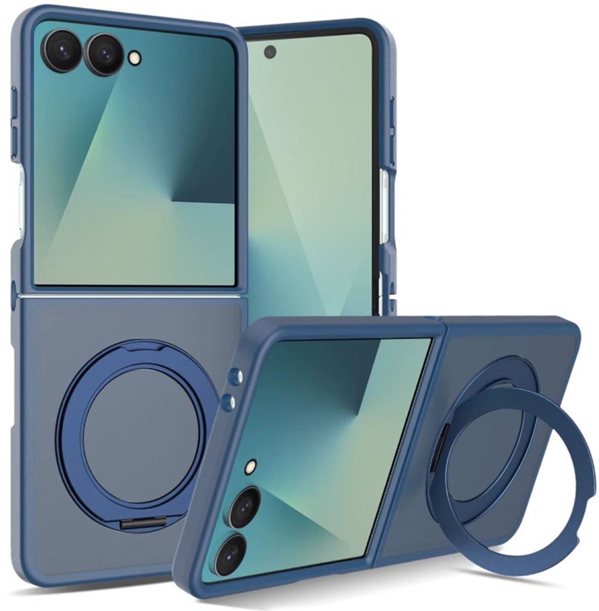 CaseMania Backcase hoesje geschikt voor Samsung Galaxy Z Flip 8 - Blauw - TPU (Zacht) - Frozen Frosted look - Uitklapbare 360 Ring - Compatible met MagSafe & Qi2