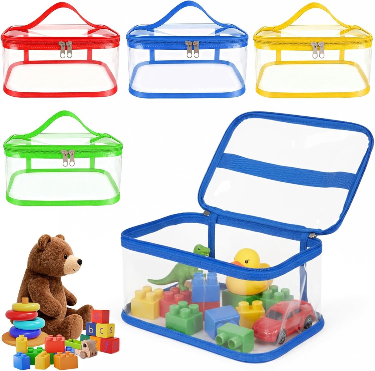 Ruime Opbergzakken voor Speelgoed en Toilettasjes - 4 Stuks - Ideaal voor Bouwblokken, Puzzels en Speelgoed (Blauw Groen)