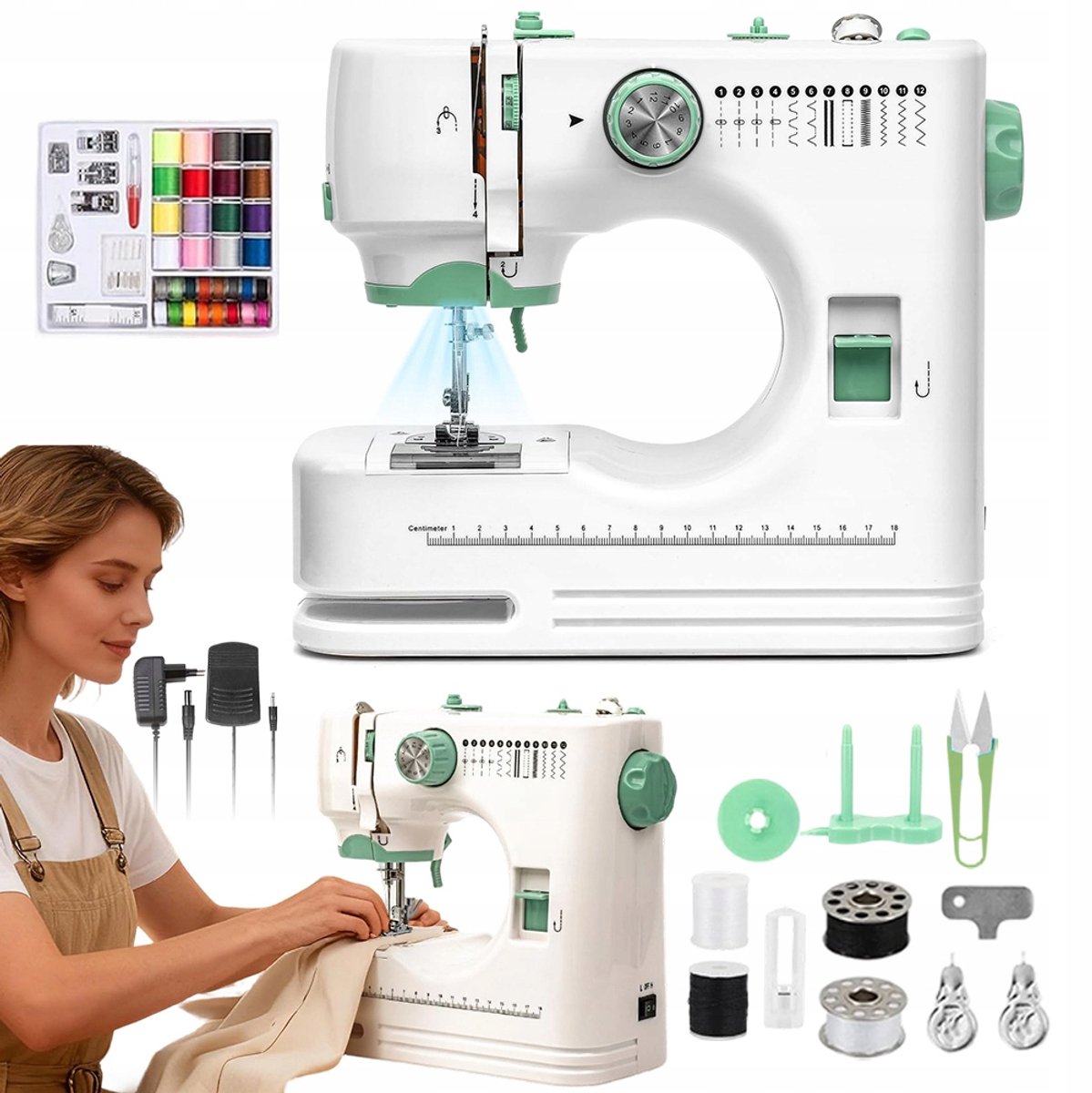 Mini Naaimachine - Elektrische Naaimachine - Draagbare Dubbelnaalds Naaimachine - 12 Steektypen - 2 Snelheden - 9 Draadspanning - met Voetpedaal - Sewing Machine - Voor Beginners & Thuisgebruik - Incl. Accessoires