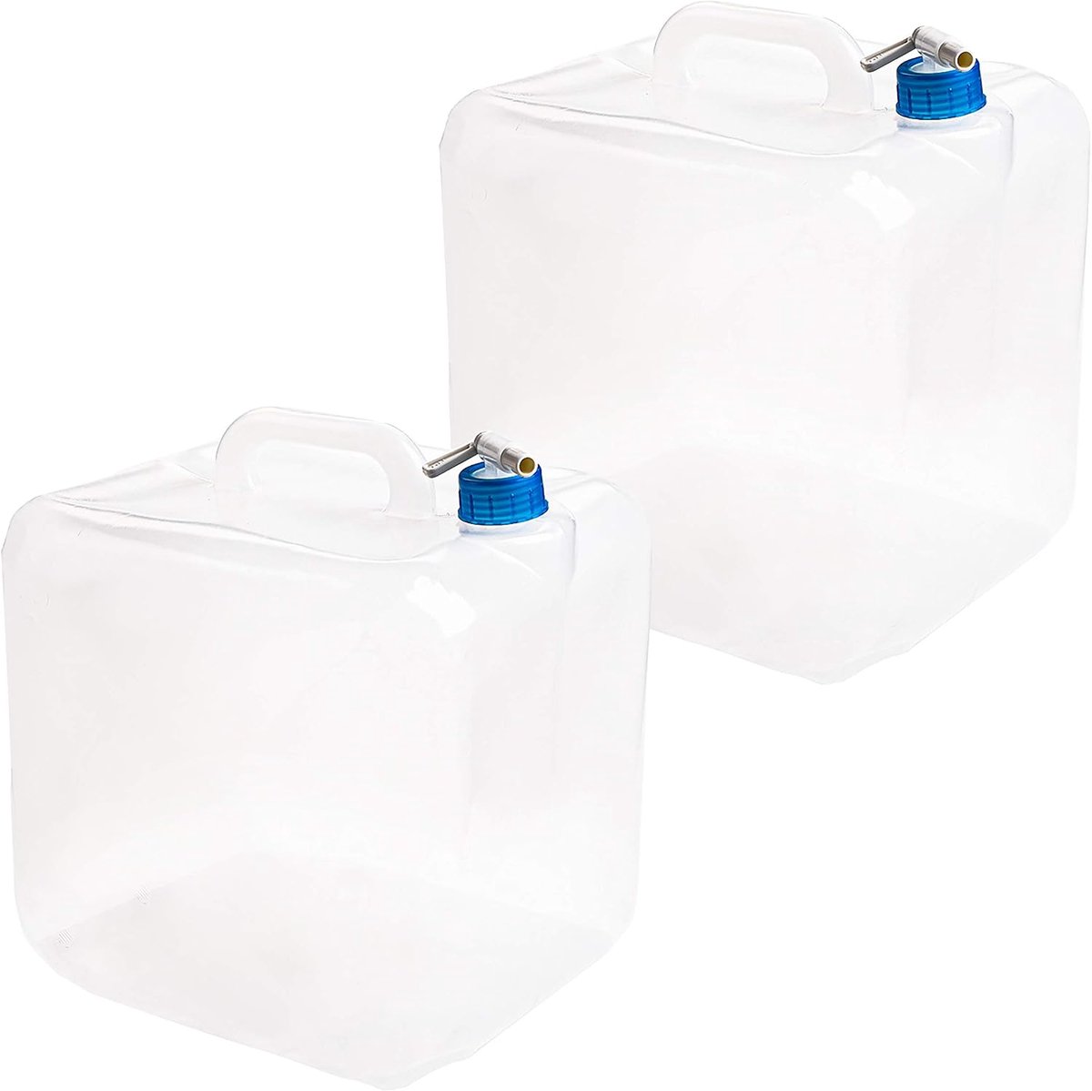 2-stuks Opvouwbare jerrycan - Opvouwbare watercontainer - Staande servettenhouder - Jerrycan met kraan - Opvouwbaar - draagbaar - 21 × 21 × 20.5 cm - Geschikt voor kamperen in de buitenlucht, wandelen, noodhulp en survivaluitrusting - Transparant
