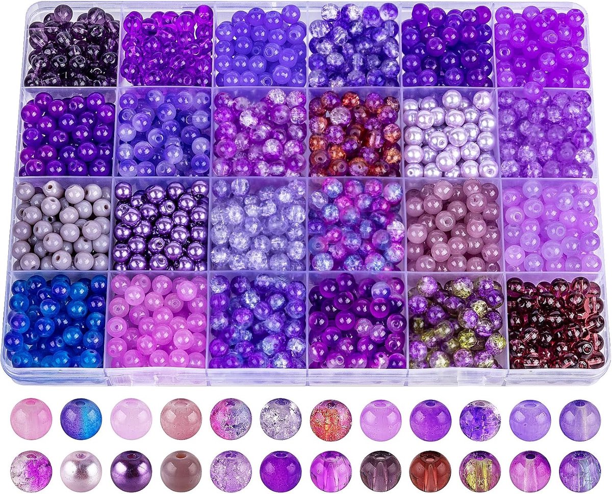 Kralenset - 960 stuks - Glaskralen Set Deluxe - 6 mm - DIY Sieraden maken - Edelstenen Kralen - Glasparels - Rocailles - Bedels - Gebroken losse kralen - DIY sieradenaccessoires - Ideaal cadeau voor knutselaars - 24 Kleuren - Paarse tinten