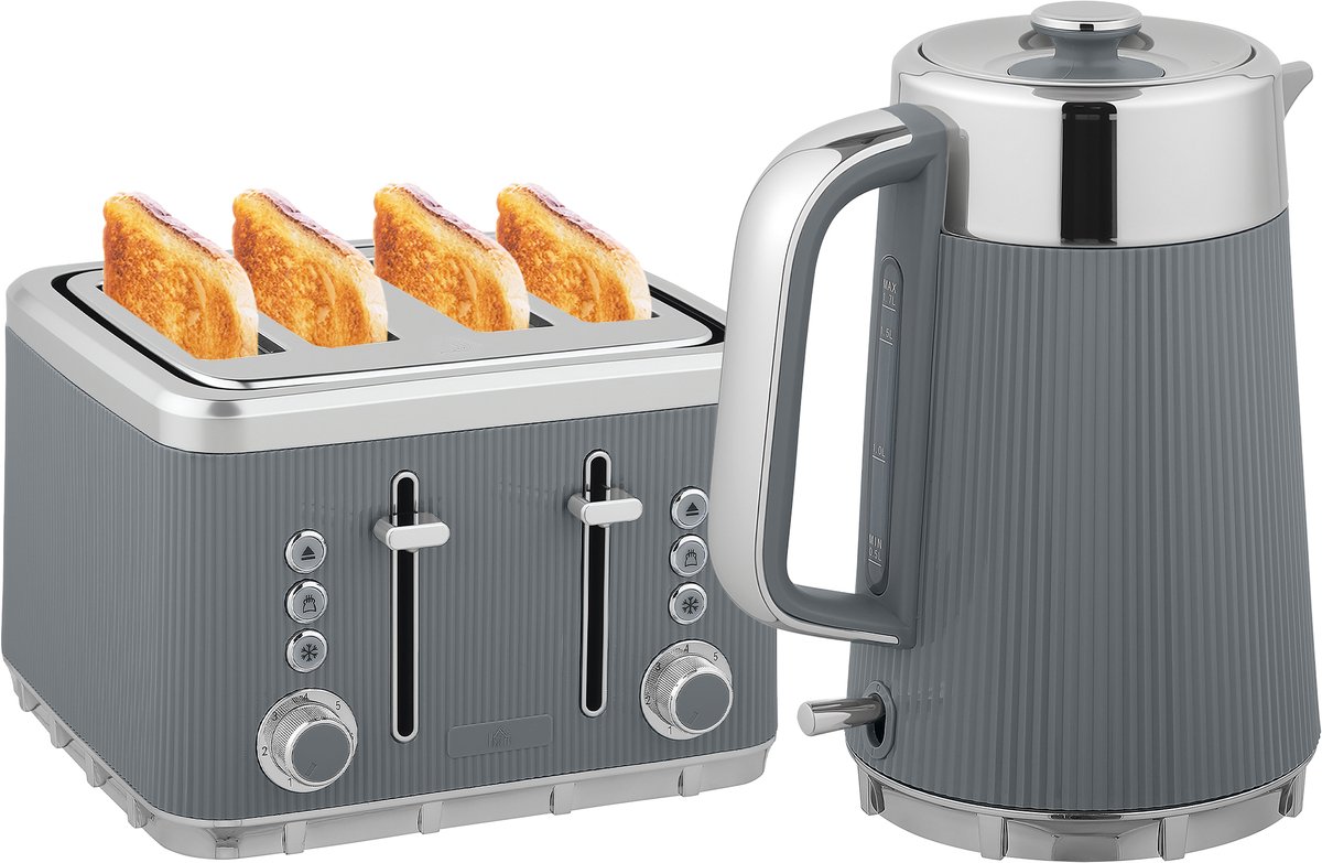 TEKROA® waterkoker met snelkookfunctie - 2200W, 1,7L -kalkfilter en 4-snedenbrander met 7 zetniveaus - grijs