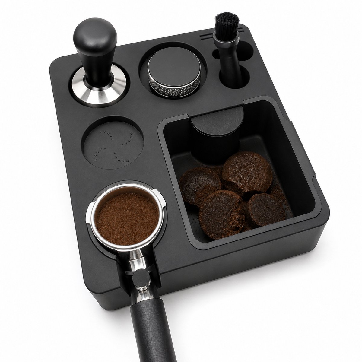 Multifunctioneel tamping station met uitklopbak - Universele tamper station voor 51 t/m 58.5mm filterdrager - Luxe koffiecorner accessoires organizer voor thuisbarista - Espresso koffie accessoires set - Zwart-Vierkante tamperhouder