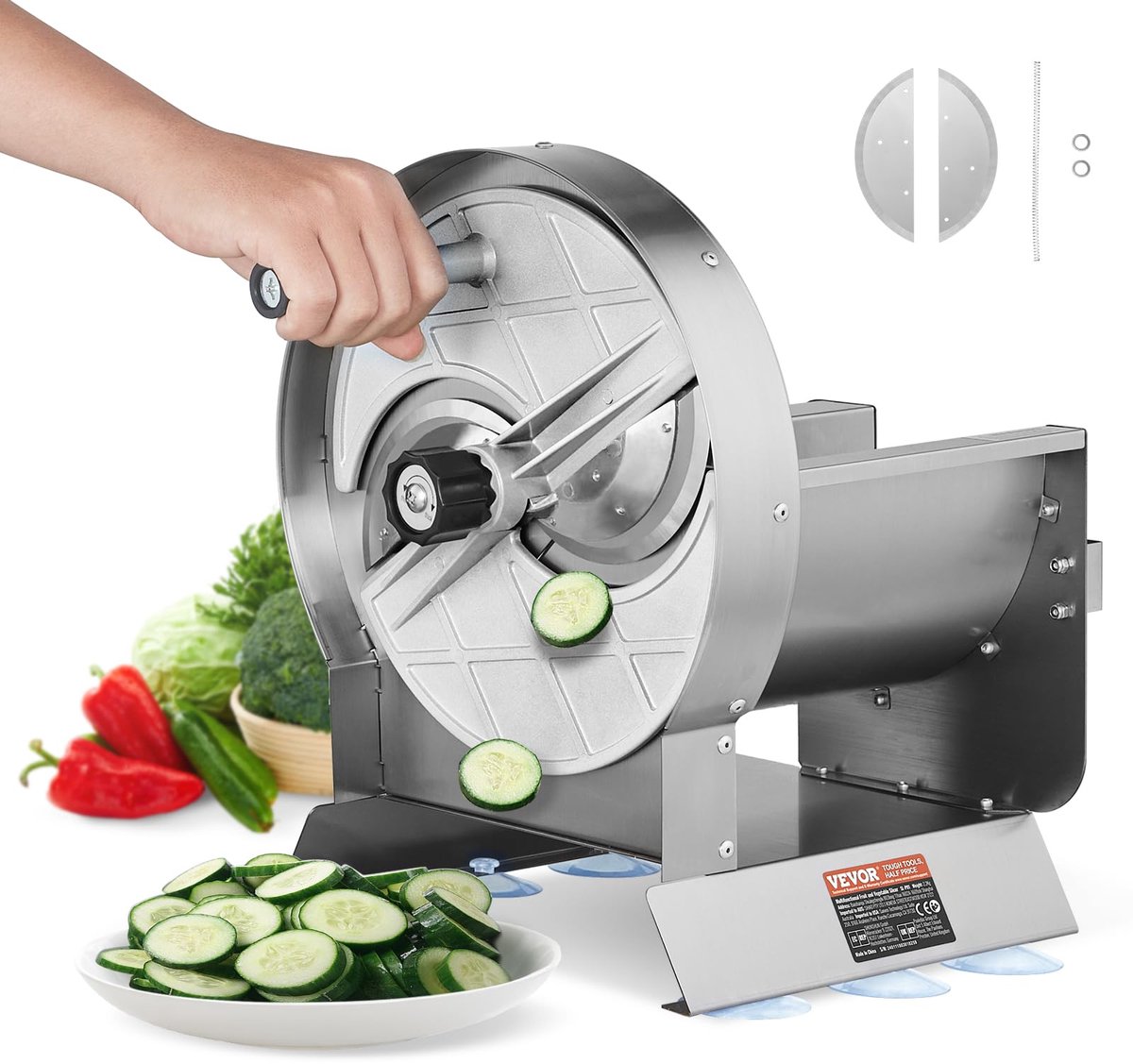 Famanu – Handmatige groente- en fruitsnijmachine, 0-12 mm dikte verstelbaar, roestvrijstalen snijmachine met 2 reservemessen, voor aardappelen, komkommers en tomaten