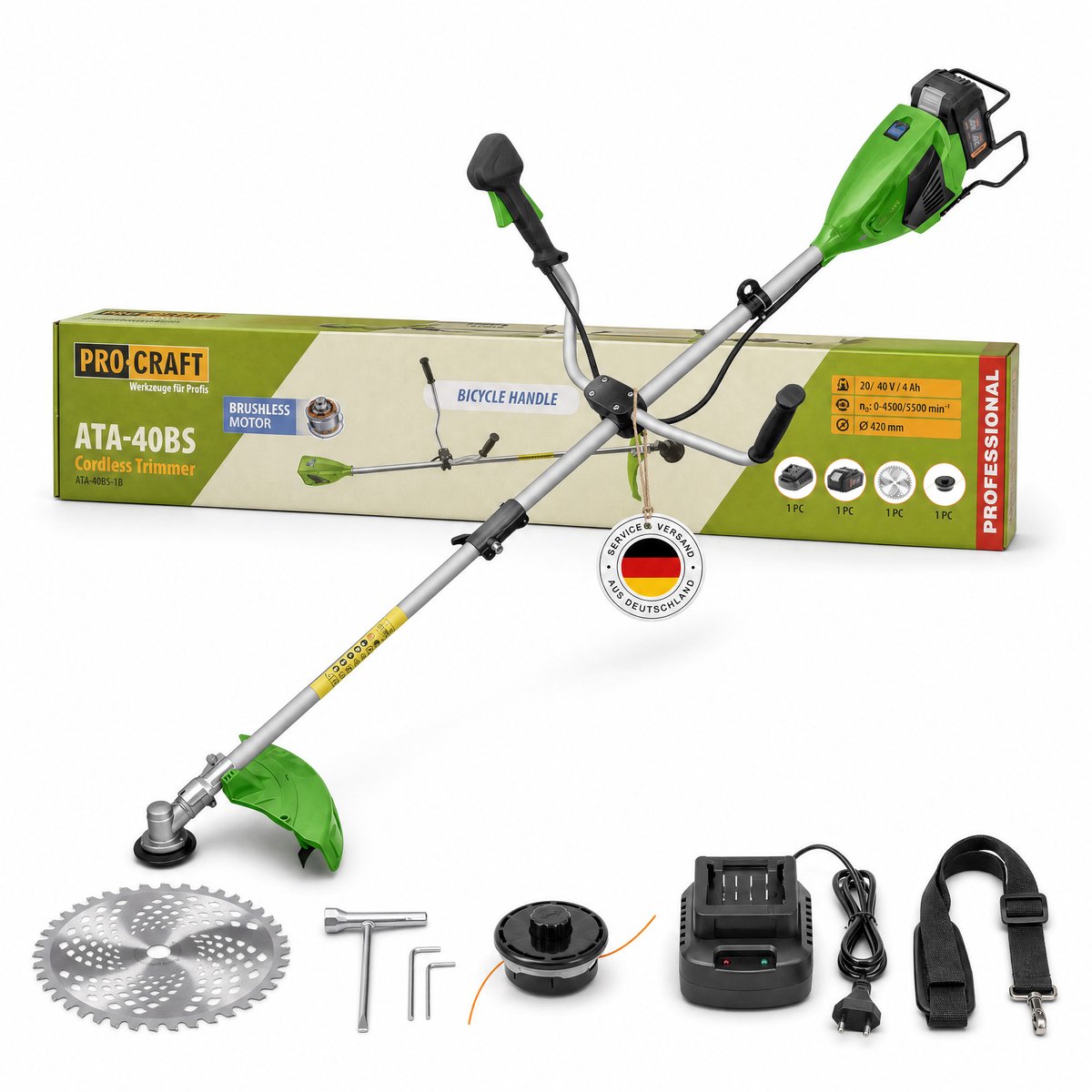 Procraft ATA-40BS accu-bosmaaier 40 V 420 mm borstelloos + 1x accu 4,0 Ah + oplader
