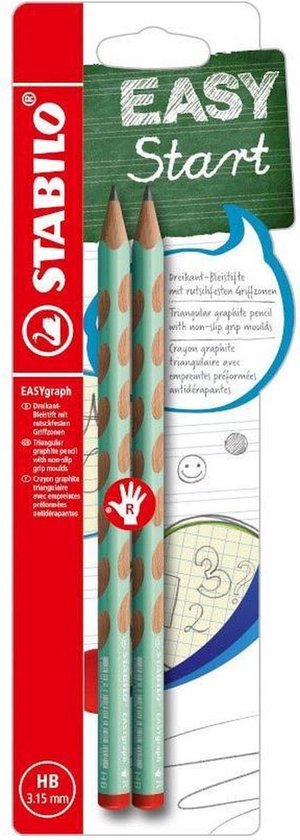 Emballage Stabilo Easy Start avec deux crayons verts à pois marron.