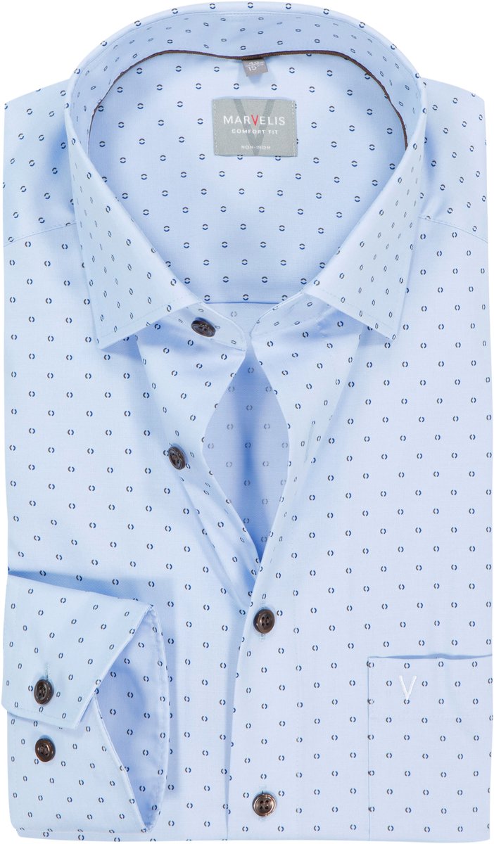 MARVELIS comfort fit overhemd - popeline - lichtblauw met donkerblauw en bruin dessin - Strijkvrij - Boordmaat: 43 (EU maat: XL)