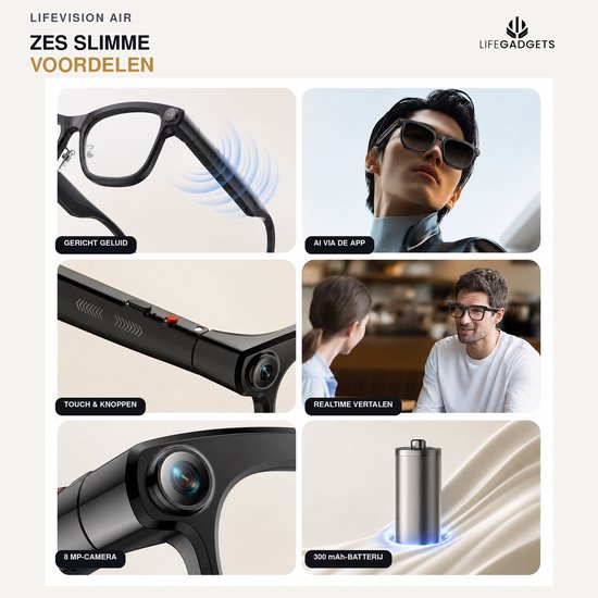 LifeGadgets LifeVision Air M08T - Slimme bril met 8 MP-camera - AI-spraakassistent en realtime vertalen via app - Bluetooth 5.4 - Zwart — afbeelding 4