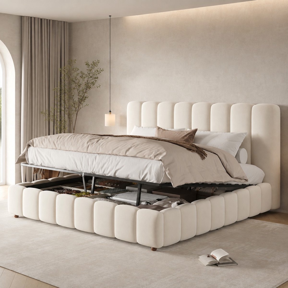 PHOEBE CAT Tweepersoonsbed - 180 × 200 cm - Gestoffeerd hoofdeinde - Opbergruimte - Fluweel - Beige
