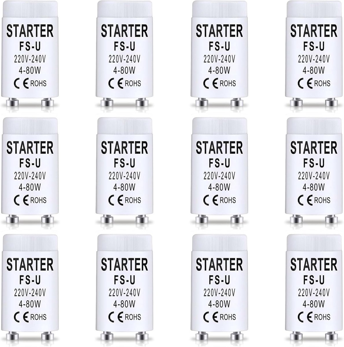 Set van 12 Fluorescentie Starters, Vervangingslampen voor UVC en Neonbuizen, 4-80W, 220-240V, Ideaal voor Aquariums en Verlichting