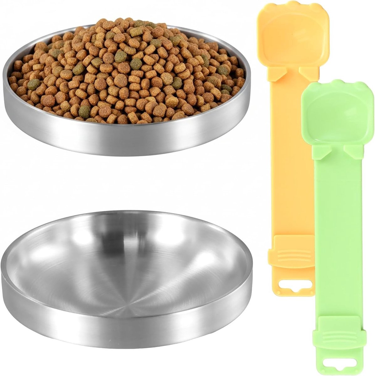 Set van RVS Voerbakken voor Katten en Kleine Honden - 2 Vlakke en Valbestendige Bakken met Vaste Stand, 15 cm Breed, Makkelijk Schoon te Maken, Inclusief 2 Stuks