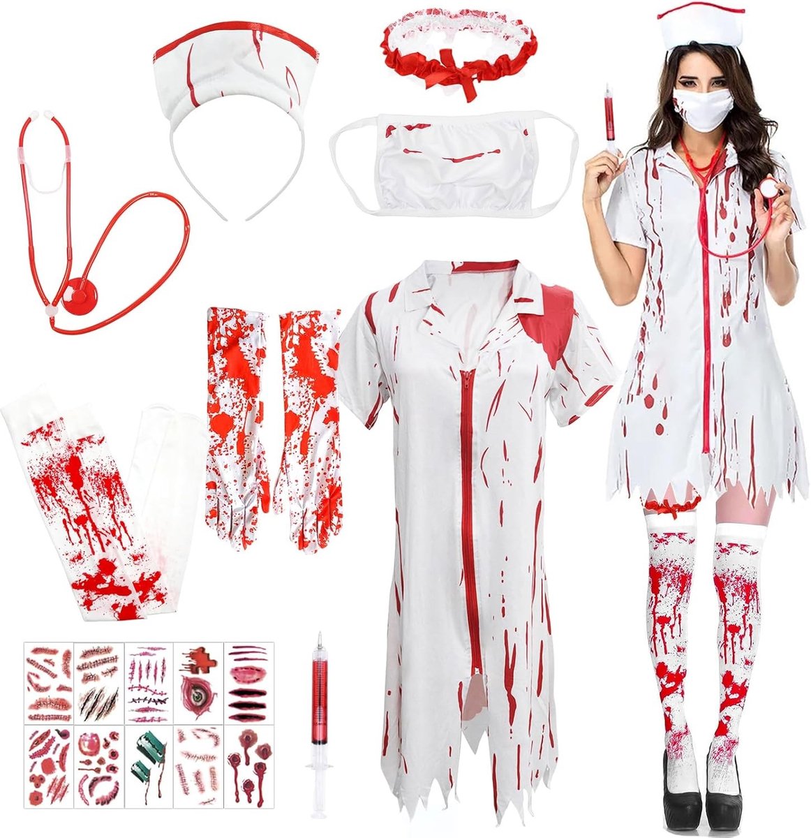 Halloween kostuum voor vrouwen, zombie verpleegster outfit, bloederige verpleegster kostuum, griezelige horror bruid, carnaval, feest, cosplay, spookachtig verkleedset