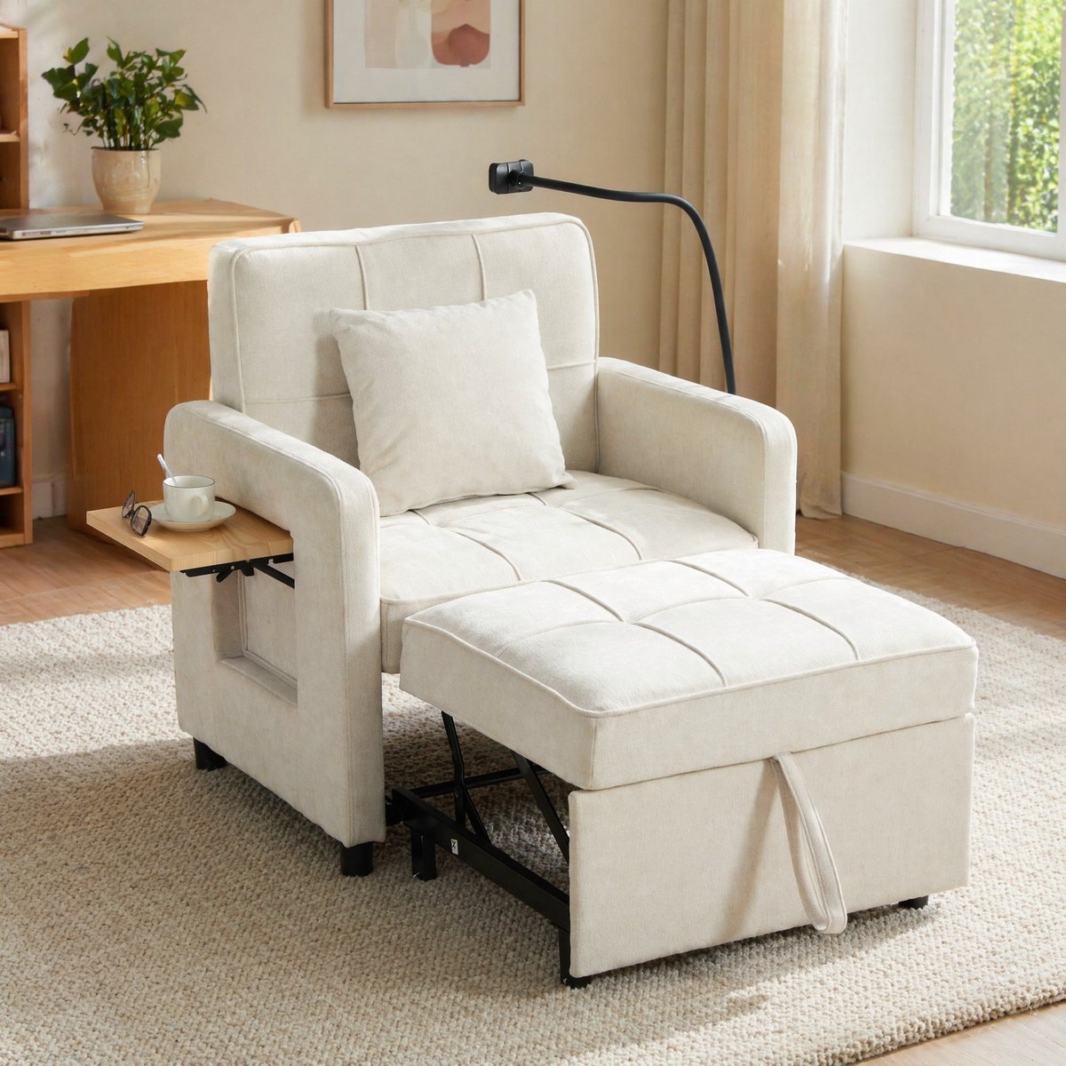 Wishdor Chaise longue slaapfauteuil - 1-zits beige chenille - Opbergtas zijtafel kussen armleuningen - Verstelbare rugleuning - Woonkamer slaapkamer - 167 x 79 x 83 cm