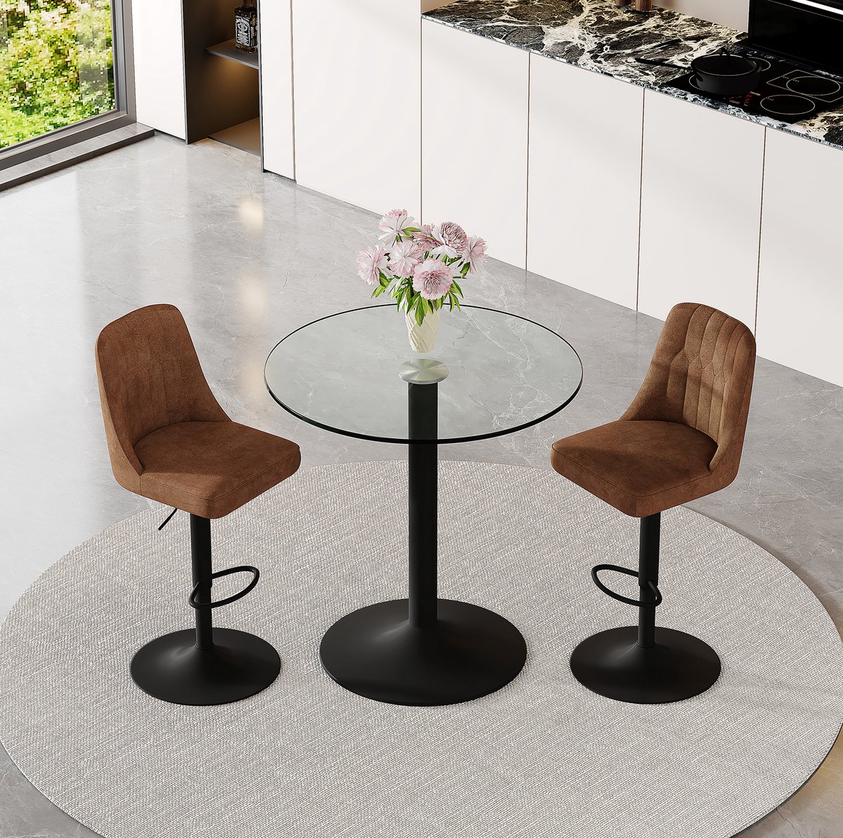 Wishdor Barset met tafel en 2 barkrukken - Draaibaar en hoogteverstelbaar - Modern - Voor bar, keuken en lounge - Glas en metaal - Bruin zwart transparant - Ø 89 cm