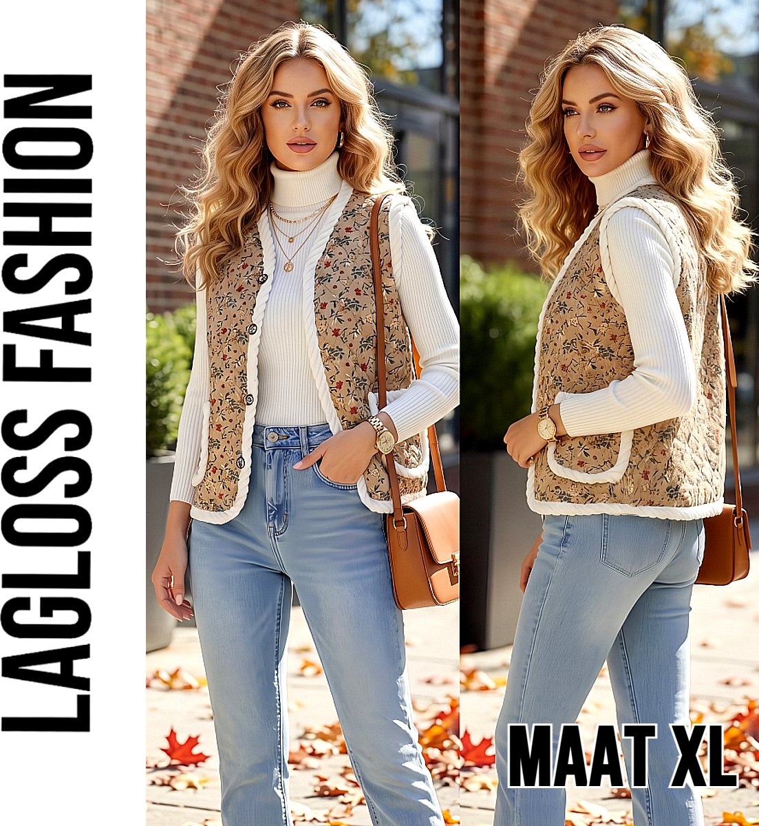 LaGloss® Dames Vintage Bloemenvest – Mouwloos Teddy Gilet met Pluche Voering – Khaki - Maat XL