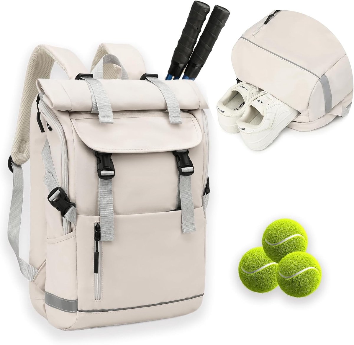 Tennisrugzak - Beige - 20 x 30 x 50 cm - Lichtgewicht met Schoenenvak - Voor Dames en Heren