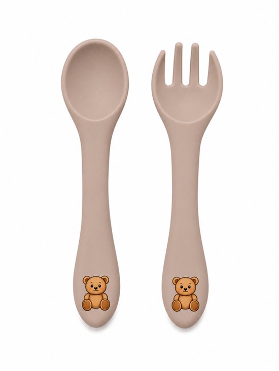 Fourchette et cuillère en silicone beige pour bébé avec un adorable ours sur le manche.