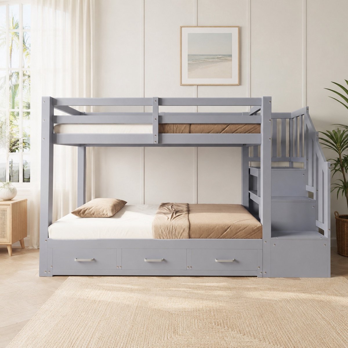 Wishdor Stapelbed 90 x 200 cm - Met uitschuifbed en drie laden - Met opbergladder en lattenbodem - Voor kinderkamer en jeugdkamer - Hout en MDF - Grijs - 251 x 187 x 160 cm
