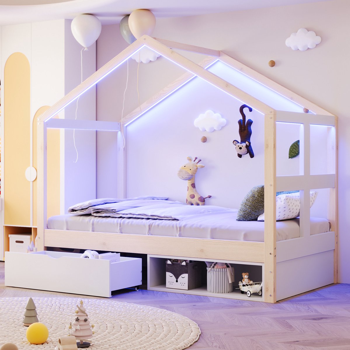 Wishdor Eenpersoonsbed 90x190 cm - Huisbed met led en opbergruimte - Lattenbodem, lade en schoenenkast - Hout en MDF - Wit en naturel hout - 195 x 94,5 x 173,7 cm