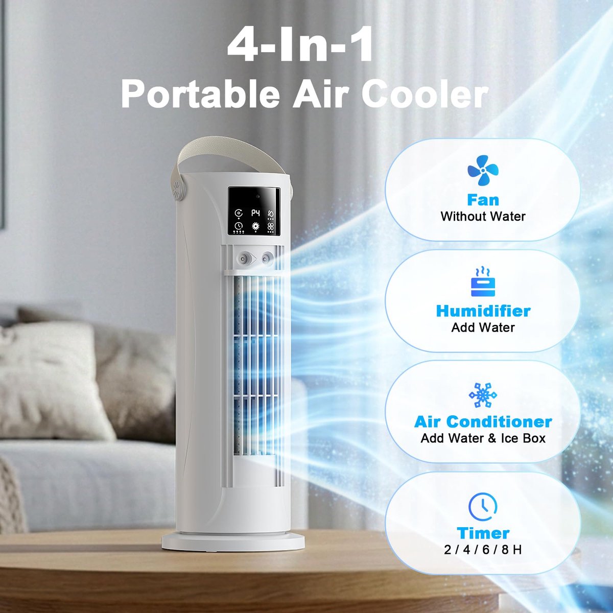 Mobiele airconditioner met stormmodus, luchtkoeler, 4-in-1, stil, 28 dB, oscillatie 120°, 4 snelheden, natuurlijke - ShopVlot
