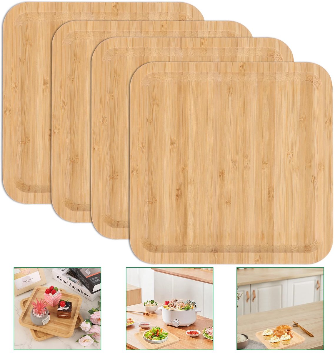 Famanu – Set van 4 bamboe dienbladen, vierkant, 20 x 20 x 2 cm, natuurlijk hout voor tafeldecoratie