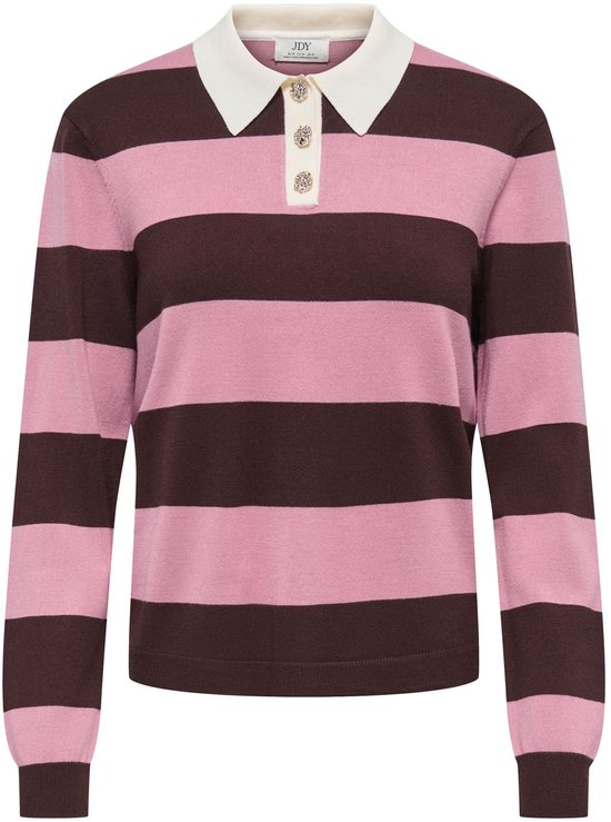 Polo rayé rose et marron avec un col blanc à boutons.