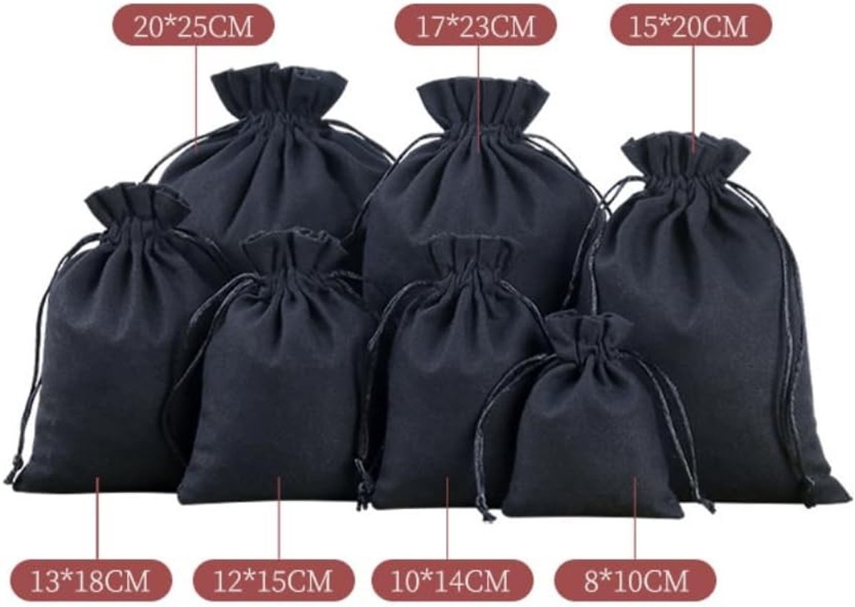 Set van 5 Katoenen Trekkoordzakken voor Cadeaus, Sieraden, Cosmetica en Opberging - Zwart, 17 x 23 cm, Duurzaam en Herbruikbaar