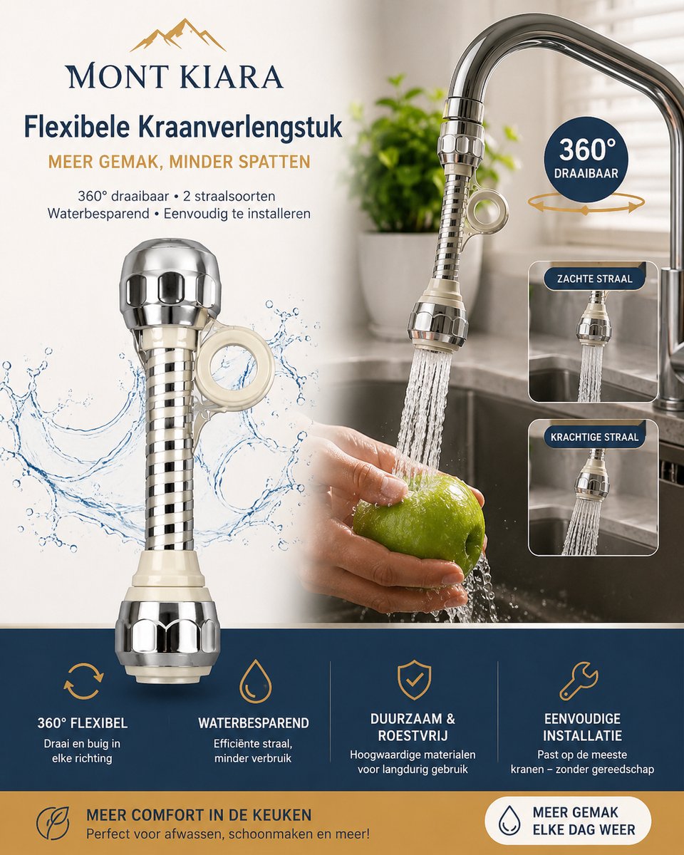 Mont Kiara Flexibel Kraanverlengstuk – 360° Draaibaar Kraan Opzetstuk – Waterbesparend – Flexibele Kraanuitloop – Voor Keuken & Wastafel – Eenvoudige Montage
