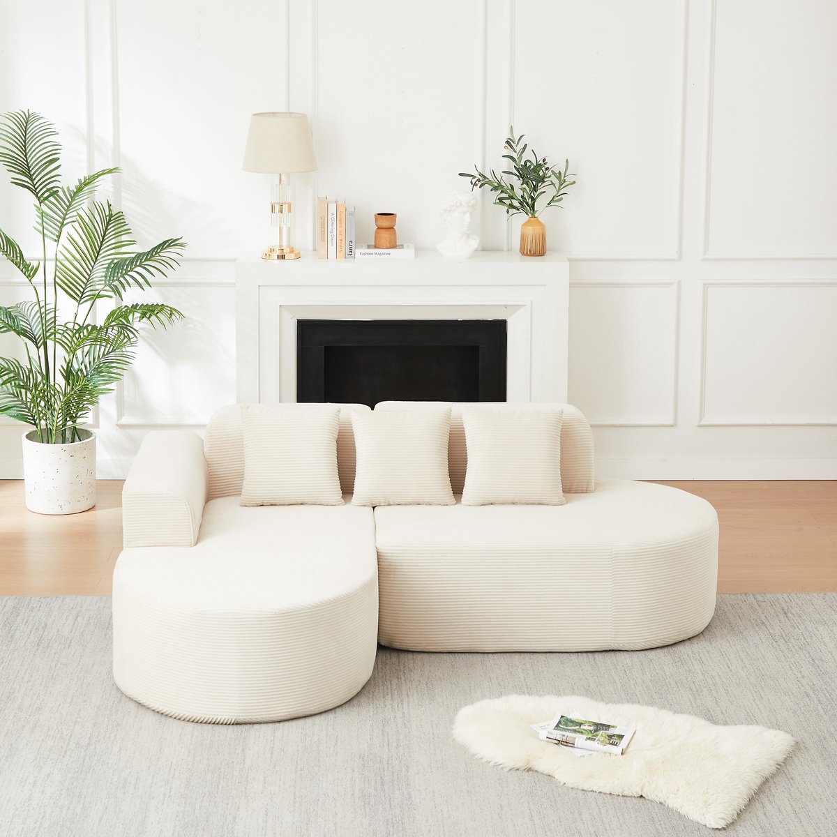 VVBV Hoekbank 220x155x70 cm - Chaise Longue, Gebogen Design, Geen Montage Nodig - Beige, Ribstof