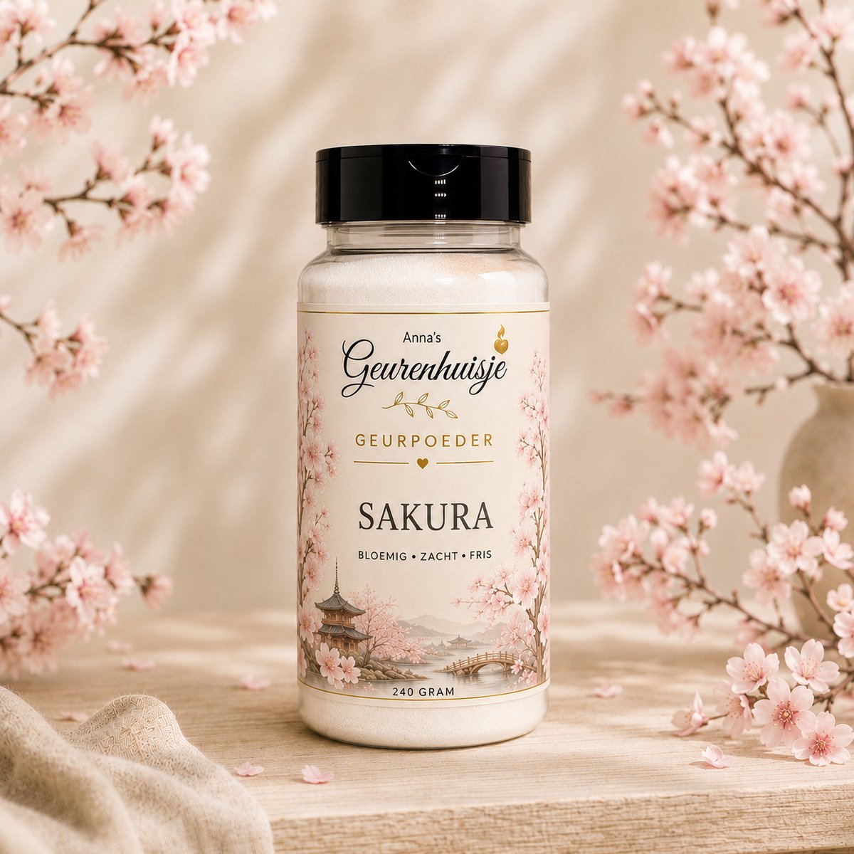 Anna's Geurenhuisje - Geurpoeder Sakura - Good Habits - Handmade - Voor Tapijt, Bank, Auto, Camper, Caravan & Stofzuiger - 240 gram - dierproefvrij - verfrissend - langdurige geurafgifte