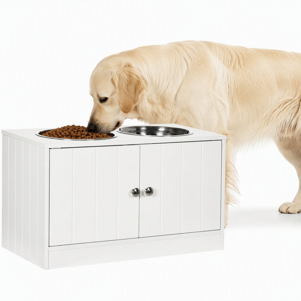 ECTEATOY® Voerbak Hond met standaard - Hondenvoerbak met Opbergkast 44L - Inclusief 2 RVS Voerbakken - 60x30x35,5 cm - Wit