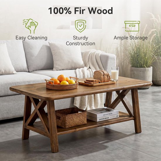 Salontafel van 100% vurenhout met X-poten en opbergplank, makkelijk schoon te maken en stevige constructie.