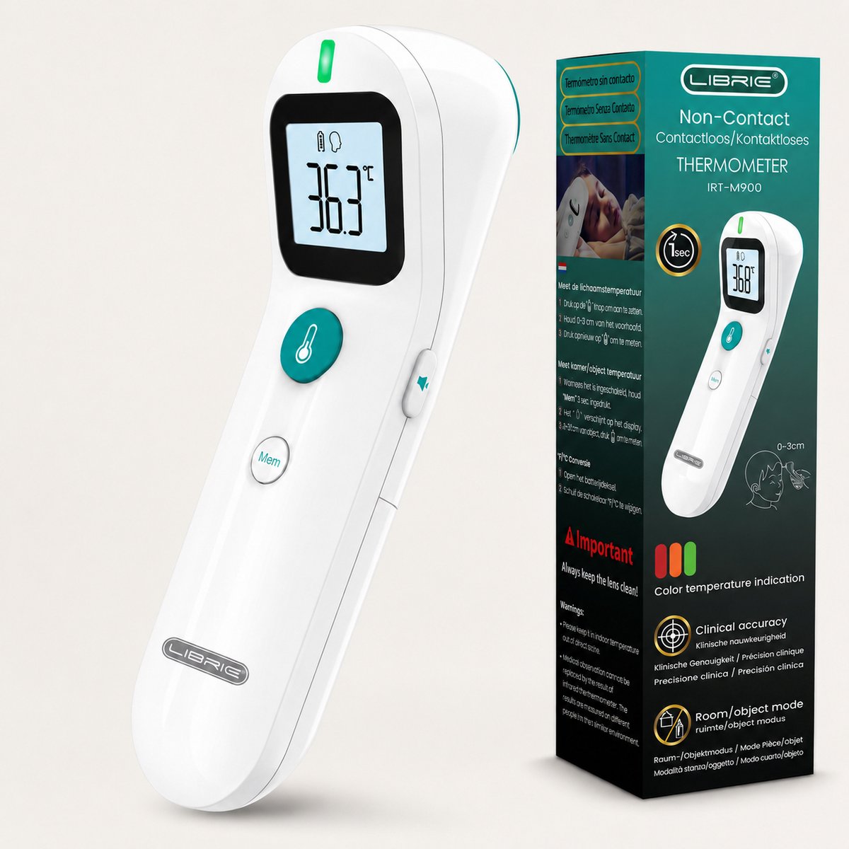 Bol.com Librie IRT-M900 Voorhoofdthermometer – Digitale Koortsthermometer – Contactloos - Voor Baby, Kind & Volwassene aanbieding