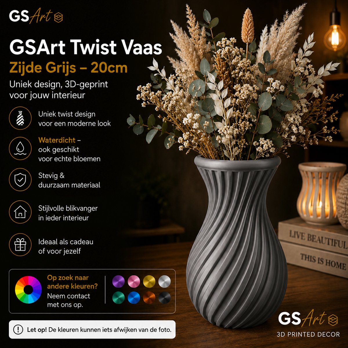 GSArt Twist Vaas 20 cm – Waterdichte 3D Geprinte Design Vaas - Zijde Grijs