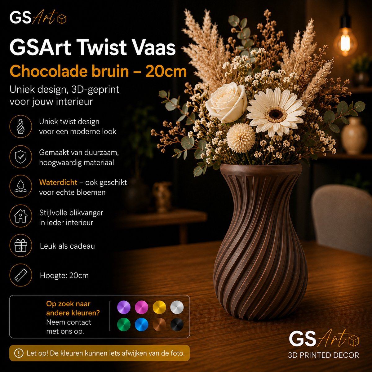 GSArt Twist Vaas 20 cm – Waterdichte 3D Geprinte Design Vaas - Chocolade bruin