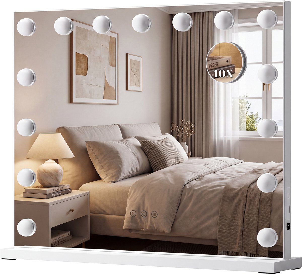 Auralum MAX Hollywood Spiegel met Verlichting - 58x48CM - 3 Lichtstanden - 15 LED Lampen - Make Up Spiegel met 10x Vergrootspiegel - Vanity Spiegel - Mirror - Dimbaar - USB +Type-C Oplaadpoort - Wit