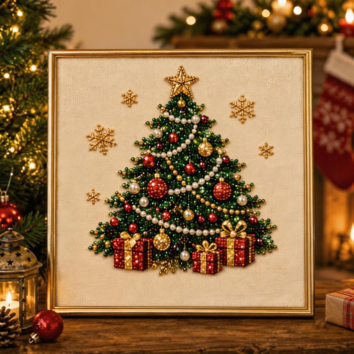 DIY-kerst-diamond painting-set met parels – Inclusief lijst – Schattig 3D-kerstknutselproject met parels voor volwassenen en beginners – Feestelijke kerstwanddecoratie – Ontspannend en stressverlagend – Kerstboomontwerp