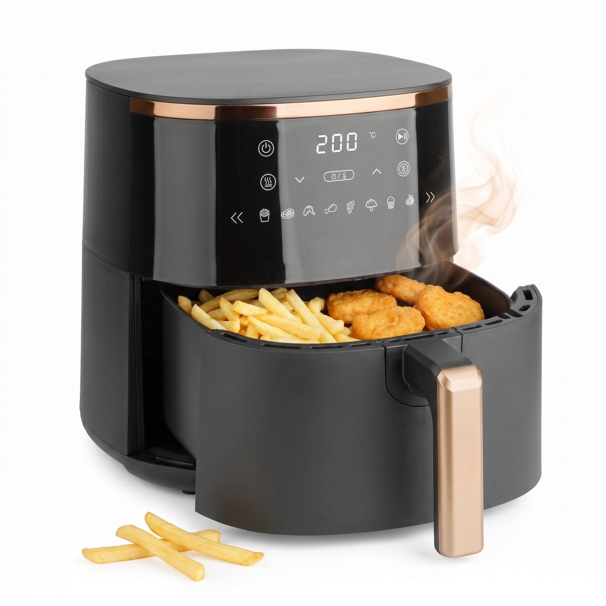 Cheqo® Airfryer - Hetelucht Friteuse - Heteluchtfriteuse - Friteuse zonder Olie - Luchtfriteuse met Digitaal Display en Touchscreen - 8 Automatische Programma's - Timer - Airfryer XL Zwart Goud - Frituurpan - Gezond Frituren voor het Hele Gezin