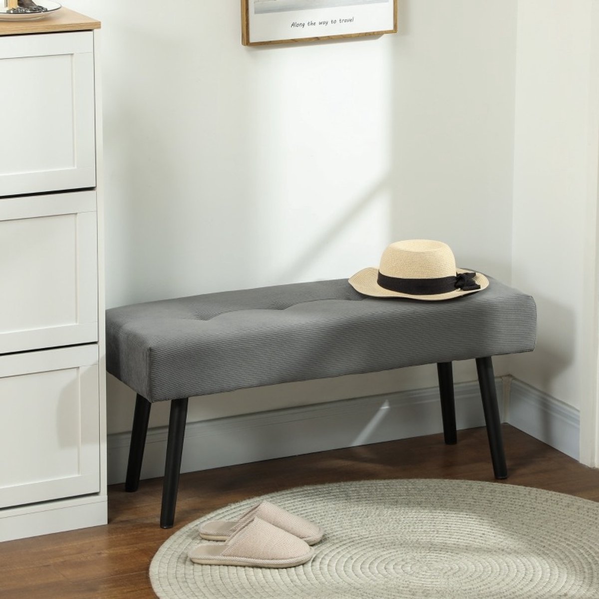 REDOM - Bank - Getufte Polsterbank met cordbekleding en metalen poten - Voor slaapkamer, woonkamer en hal - Polyester - Grijs - 100 x 36 x 45 cm