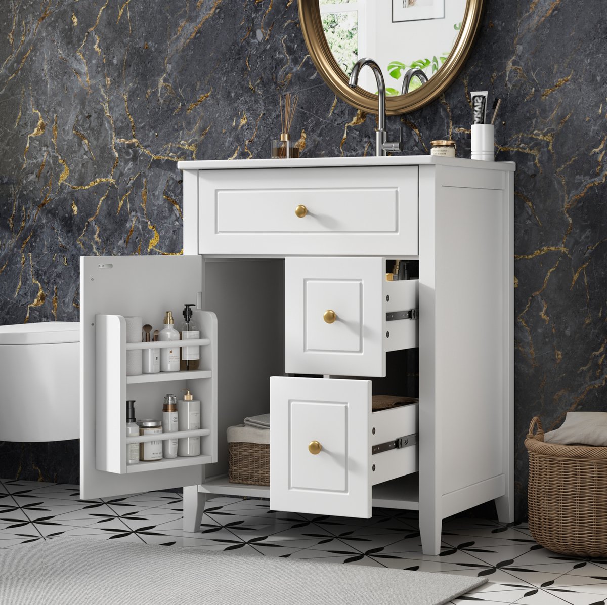 FloraGrace Badkamermeubel - Staand Wasmeubel Met Keramische Wastafel En Zachte Sluiting - Voor Badkamer En Wastafelruimte - MDF - Wit - 61 Cm