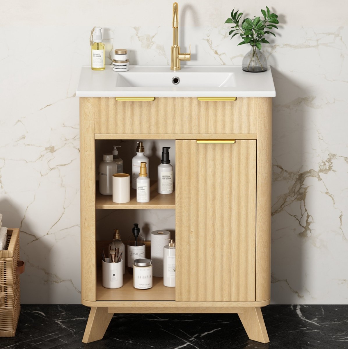 FloraGrace Badkamer Wastafelonderkast - 3 Lades En Schuifdeur Met Keramische Wastafel - Vrijstaand Voor Badkamer - MDF En Keramiek - Naturel Hout - 61 Cm