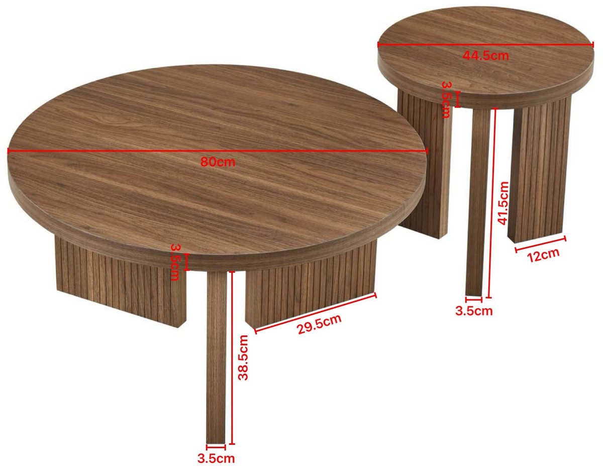 FloraGrace Salontafelset - Rond 2 Delig Met Geribbelde Poten - Voor Woonkamer Slaapkamer En Kantoor - MDF - 80 x 80 x 41,5 cm - Walnootbruin