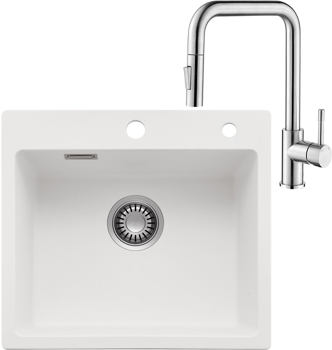 CECIPA max Spoelbak voor keuken 45x45CM - Graniet Spoelbakken Met Premium Keukenkraan - Enkele spoelbak Wit - Met waterafvoersysteem - Voor 45 cm kast